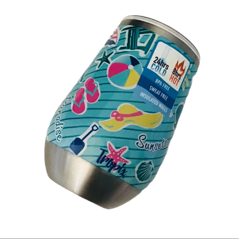Meteor “Beach” 12 oz. stainless steel wine tumbler w/ lid NWT perfect for Summer